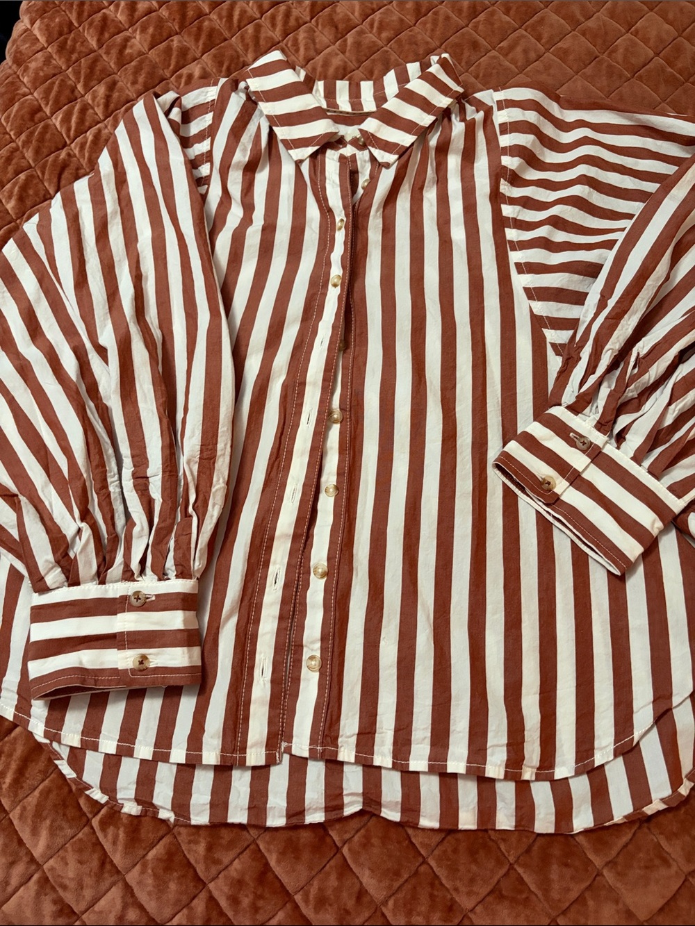 Pilcro Rust and White Striped Button-Up Blouse